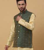 Men's Silk Blend Bandhani Jacquard Green Nehru Jacket