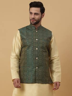 Men's Silk Blend Bandhani Jacquard Green Nehru Jacket 4