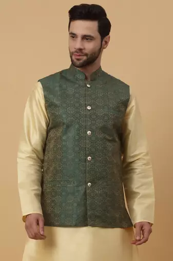Men's Silk Blend Bandhani Jacquard Green Nehru Jacket