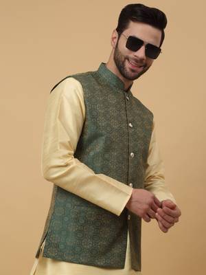 Men's Silk Blend Bandhani Jacquard Green Nehru Jacket 5
