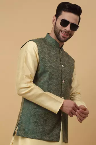 Men's Silk Blend Bandhani Jacquard Green Nehru Jacket