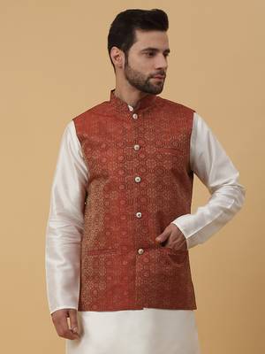 Men's Silk Blend Bandhani Jacquard Orange Nehru Jacket 1