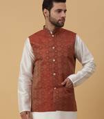 Men's Silk Blend Bandhani Jacquard Orange Nehru Jacket