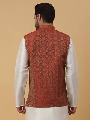 Men's Silk Blend Bandhani Jacquard Orange Nehru Jacket 3
