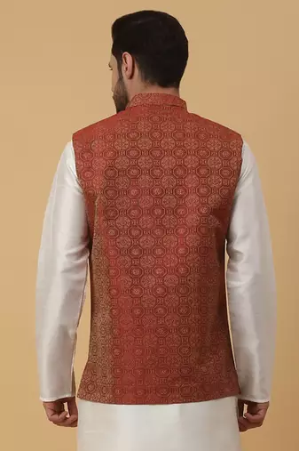 Men's Silk Blend Bandhani Jacquard Orange Nehru Jacket