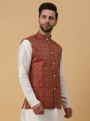 Men's Silk Blend Bandhani Jacquard Orange Nehru Jacket 4