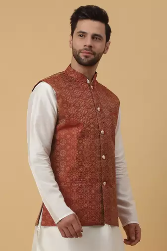 Men's Silk Blend Bandhani Jacquard Orange Nehru Jacket