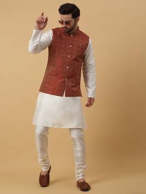 Men's Silk Blend Bandhani Jacquard Orange Nehru Jacket 5