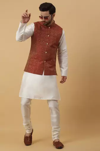 Men's Silk Blend Bandhani Jacquard Orange Nehru Jacket