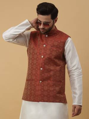 Men's Silk Blend Bandhani Jacquard Orange Nehru Jacket 6