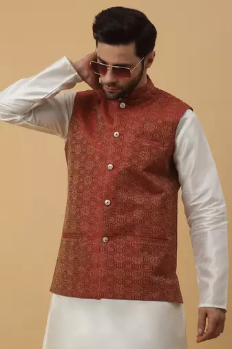Men's Silk Blend Bandhani Jacquard Orange Nehru Jacket