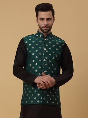 Men's Silk Blend Jacquard Gold Print Green Nehru Jacket 1
