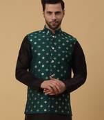 Men's Silk Blend Jacquard Gold Print Green Nehru Jacket