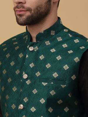 Men's Silk Blend Jacquard Gold Print Green Nehru Jacket 2