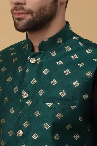 Men's Silk Blend Jacquard Gold Print Green Nehru Jacket