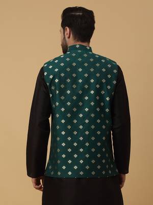 Men's Silk Blend Jacquard Gold Print Green Nehru Jacket 3