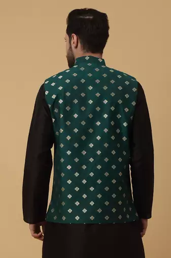Men's Silk Blend Jacquard Gold Print Green Nehru Jacket