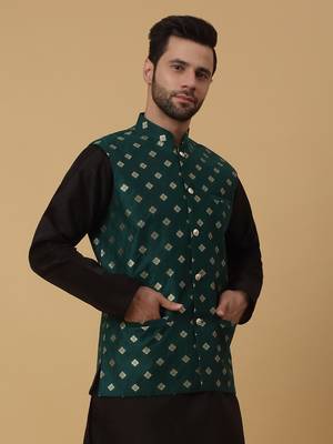 Men's Silk Blend Jacquard Gold Print Green Nehru Jacket 4