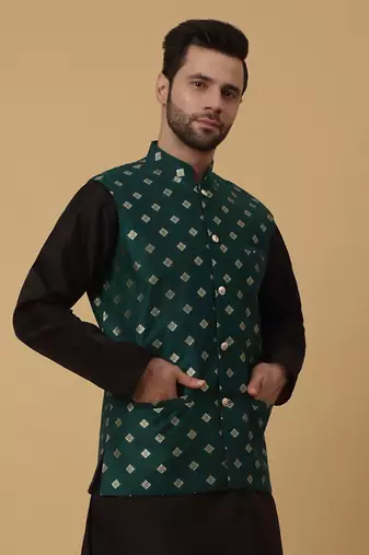 Men's Silk Blend Jacquard Gold Print Green Nehru Jacket