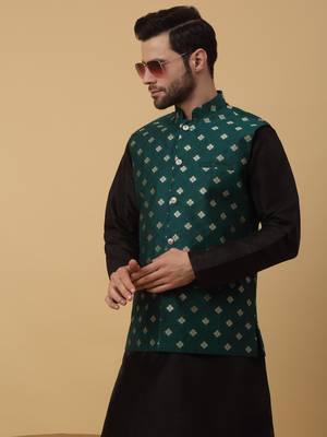 Men's Silk Blend Jacquard Gold Print Green Nehru Jacket 5