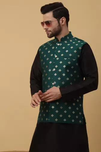 Men's Silk Blend Jacquard Gold Print Green Nehru Jacket