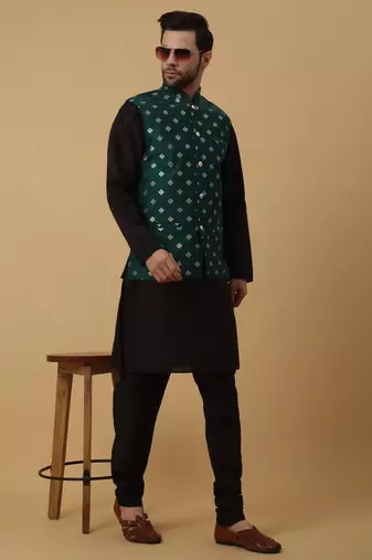 Men's Silk Blend Jacquard Gold Print Green Nehru Jacket