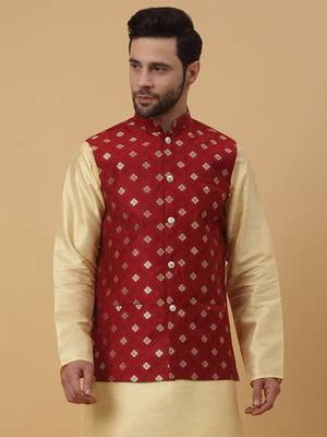 Men's Silk Blend Jacquard Gold Print Red Nehru Jacket 1
