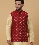 Men's Silk Blend Jacquard Gold Print Red Nehru Jacket