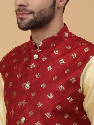 Men's Silk Blend Jacquard Gold Print Red Nehru Jacket 2