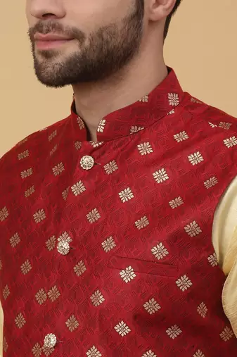 Men's Silk Blend Jacquard Gold Print Red Nehru Jacket