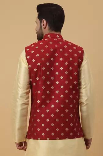 Men's Silk Blend Jacquard Gold Print Red Nehru Jacket