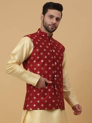 Men's Silk Blend Jacquard Gold Print Red Nehru Jacket 4
