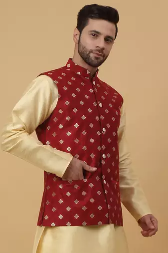 Men's Silk Blend Jacquard Gold Print Red Nehru Jacket