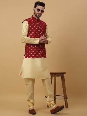 Men's Silk Blend Jacquard Gold Print Red Nehru Jacket 5