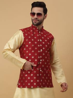 Men's Silk Blend Jacquard Gold Print Red Nehru Jacket 6
