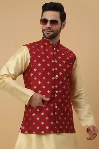 Men's Silk Blend Jacquard Gold Print Red Nehru Jacket