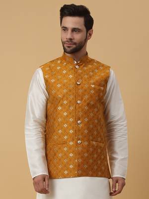Men's Silk Blend Jacquard Gold Print Yellow Nehru Jacket 1