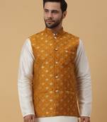 Men's Silk Blend Jacquard Gold Print Yellow Nehru Jacket