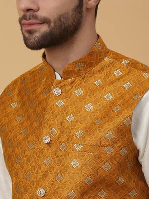 Men's Silk Blend Jacquard Gold Print Yellow Nehru Jacket 2