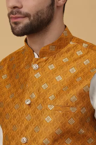 Men's Silk Blend Jacquard Gold Print Yellow Nehru Jacket