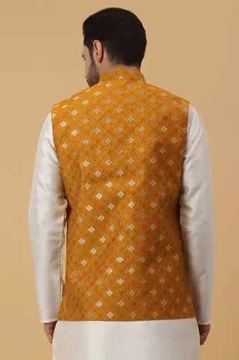 Men's Silk Blend Jacquard Gold Print Yellow Nehru Jacket