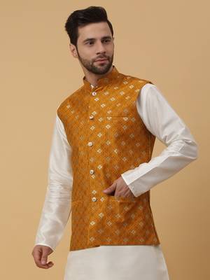 Men's Silk Blend Jacquard Gold Print Yellow Nehru Jacket 4