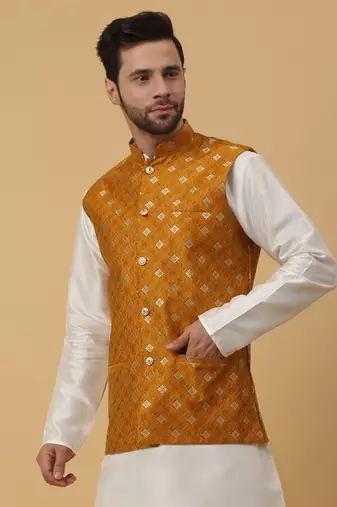 Men's Silk Blend Jacquard Gold Print Yellow Nehru Jacket