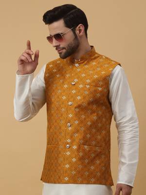 Men's Silk Blend Jacquard Gold Print Yellow Nehru Jacket 6