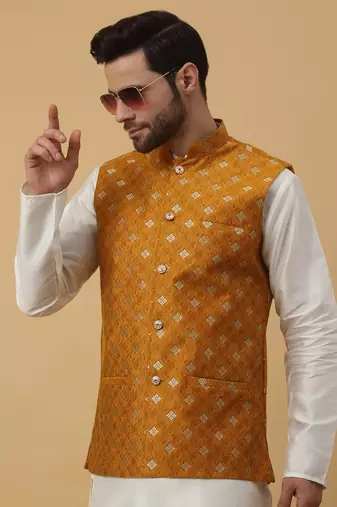 Men's Silk Blend Jacquard Gold Print Yellow Nehru Jacket