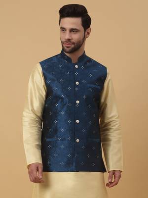 Men's Silk Blend Jacquard Sequenced Blue Nehru Jacket 1