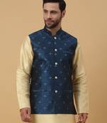 Men's Silk Blend Jacquard Sequenced Blue Nehru Jacket