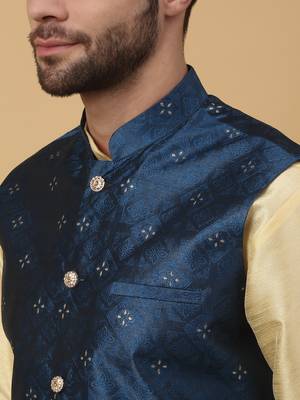 Men's Silk Blend Jacquard Sequenced Blue Nehru Jacket 2