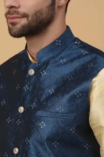 Men's Silk Blend Jacquard Sequenced Blue Nehru Jacket