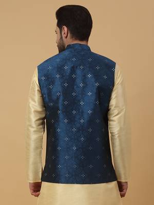 Men's Silk Blend Jacquard Sequenced Blue Nehru Jacket 3
